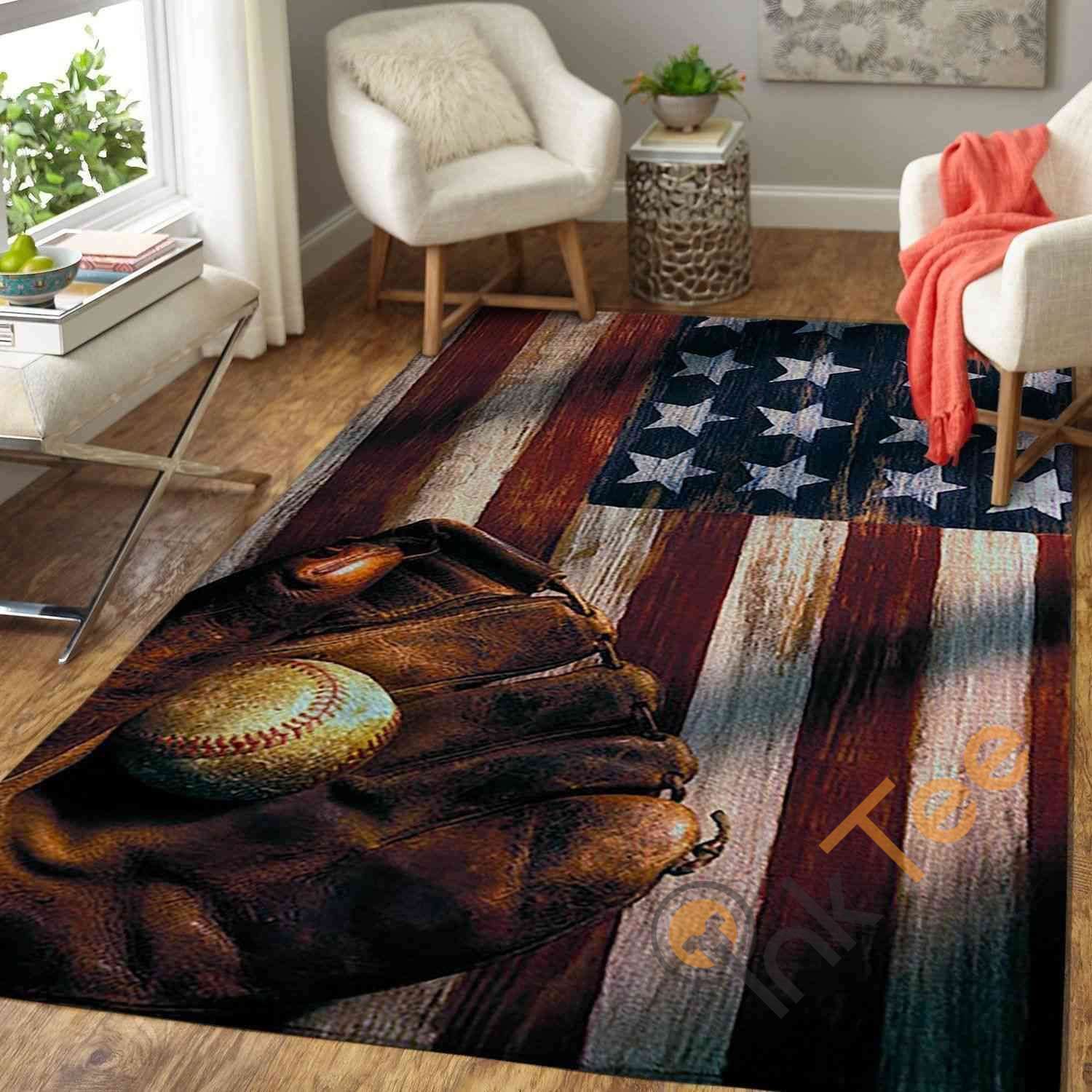 baseball Ball Glove On American Flag Area Rug