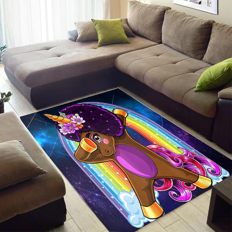 Beautiful African American Print Melanin Afro Woman Black Unicorn Style Floor Inspired Home Rug