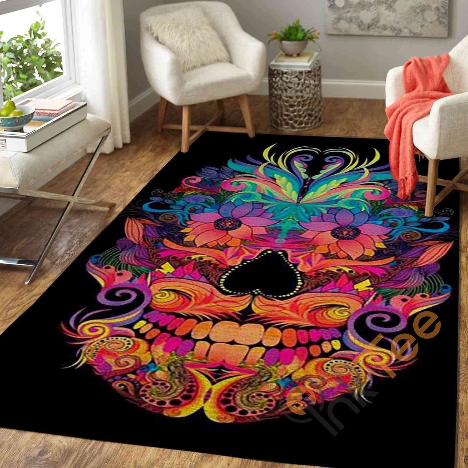 Floral Mexican Sugar Skull Area Rug