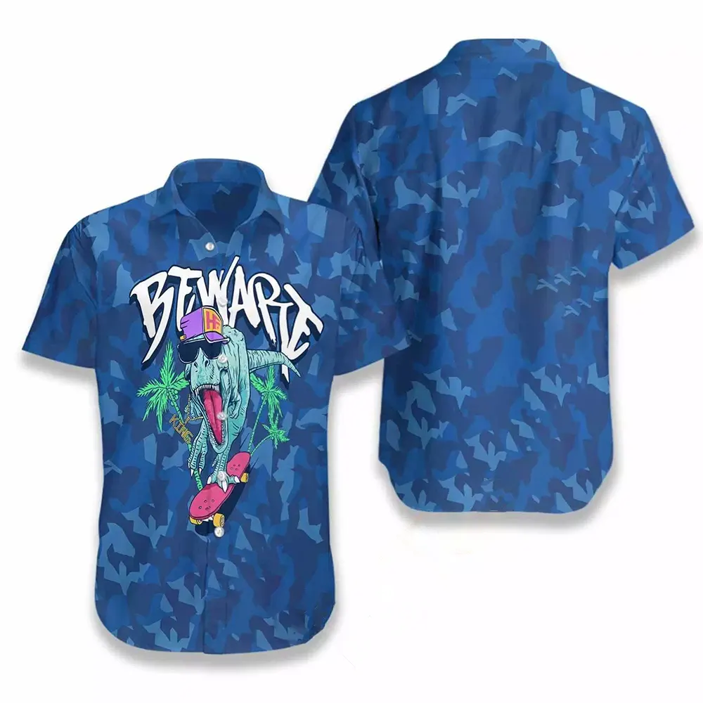 Beware T-rex Skating Dinosaur Hawaiian shirts