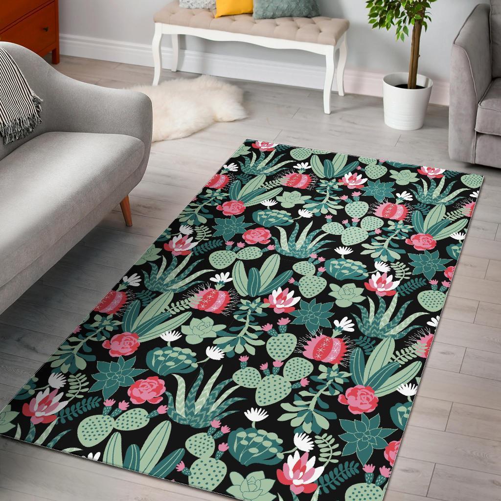 Green Cactus on Black Background Print Area Limited Edition Rug