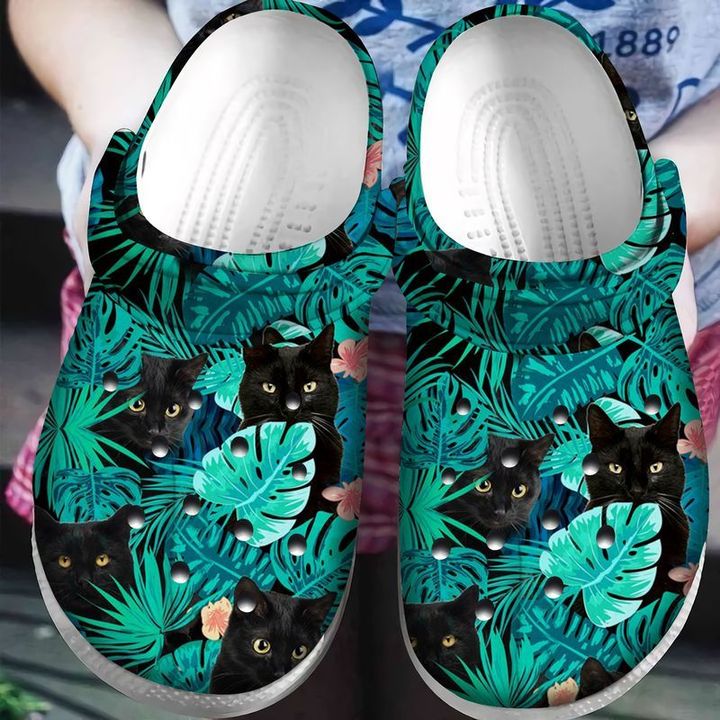 Black Cat Floral Crocs Clog Shoes
