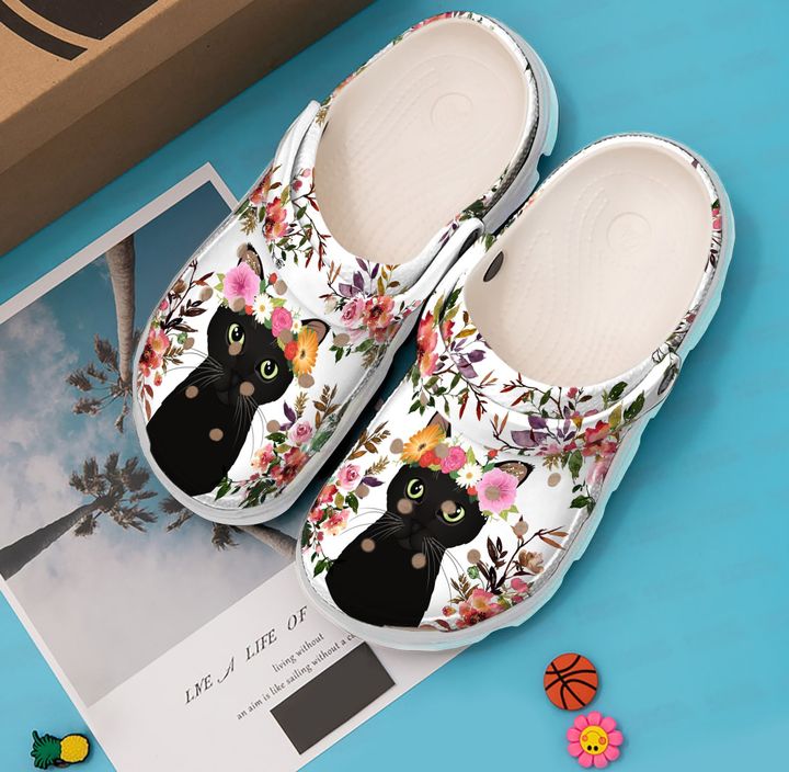 Black Cat Floral Crocs Clog Shoes