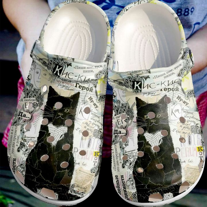 Black Cat Old Paper Crocs Clog Shoes