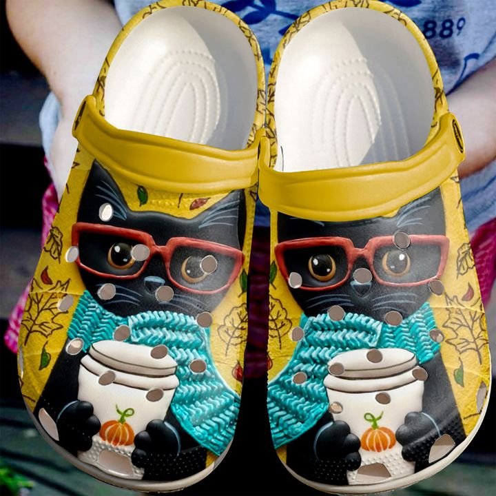 Black Cat Pumpkin Drink Crocs Clog Shoes 6 Black Cat Pumpkin Drink Crocs Clog Shoes