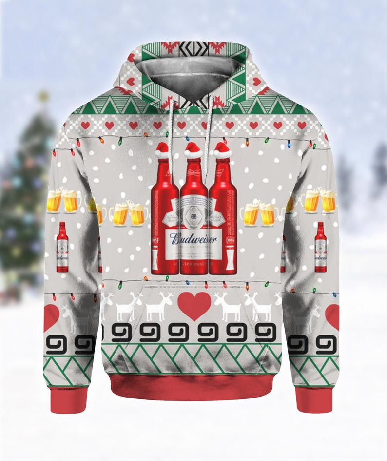 Budweiser Beer Red Bottles Print Ugly Christmas Hoodie 3D 1 Budweiser Beer Red Bottles Print Ugly Christmas Hoodie 3D