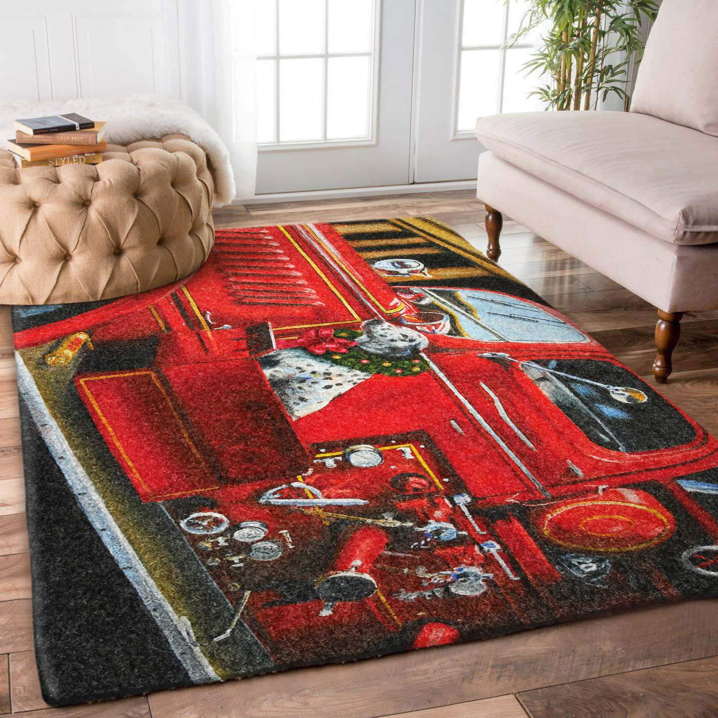 Retro Dalmatian Dog in Red Car Christmas Rug