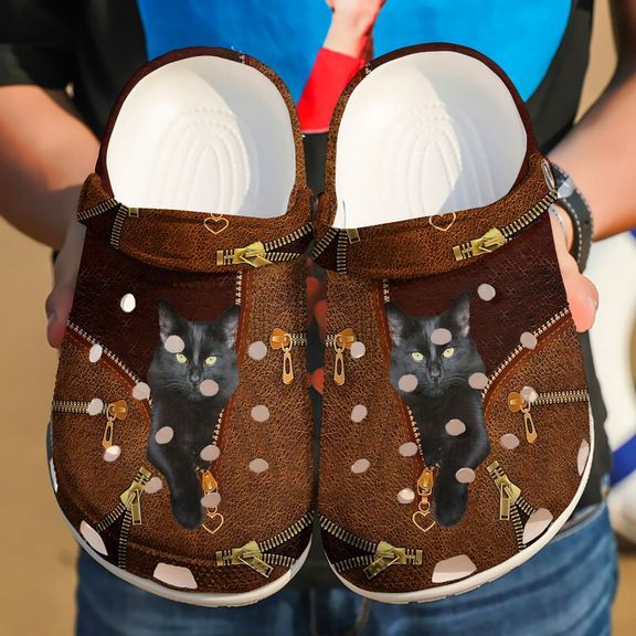 Cat Black Leather Crocs Clog Shoes