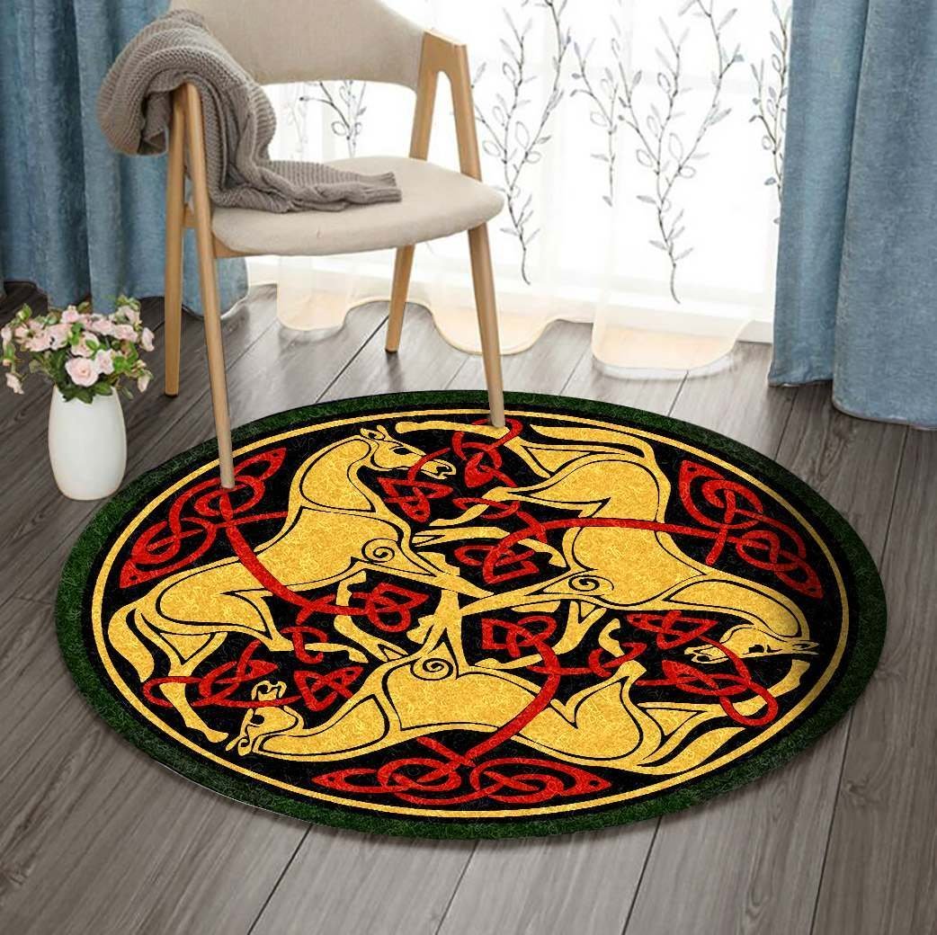 Celtic Mythological Symbol of Horse Trinity Round Rug 2 Celtic Mythological Symbol of Horse Trinity Round Rug