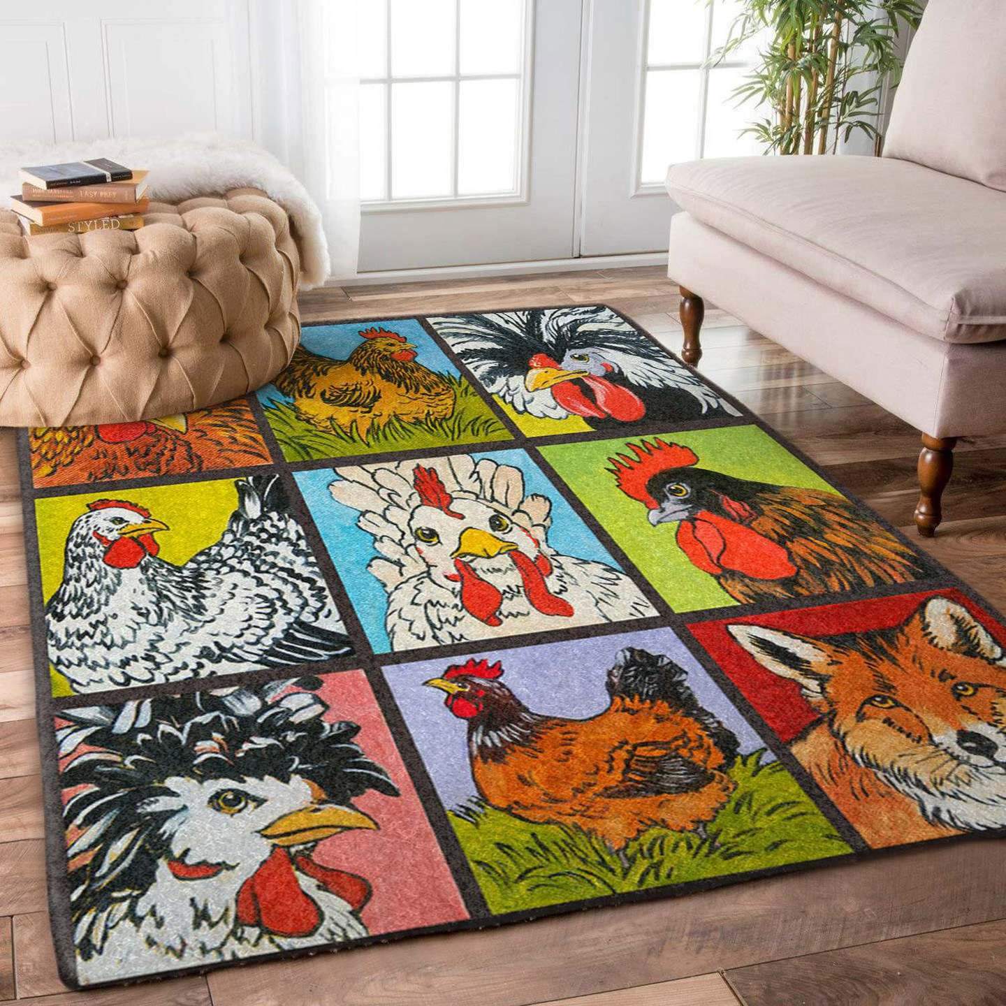 Chickens And A Fox Portraits Panel Pattern Rug