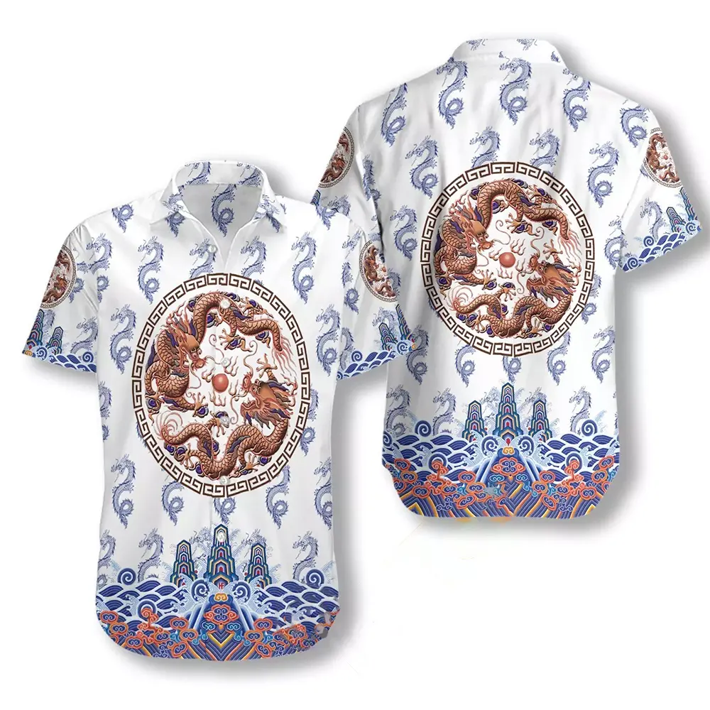 Chinoiserie Dragon White Hawaiian shirts