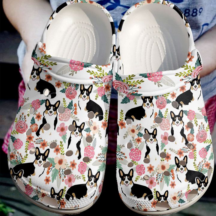 Corgi Floral Pattern Crocs Clog Shoes