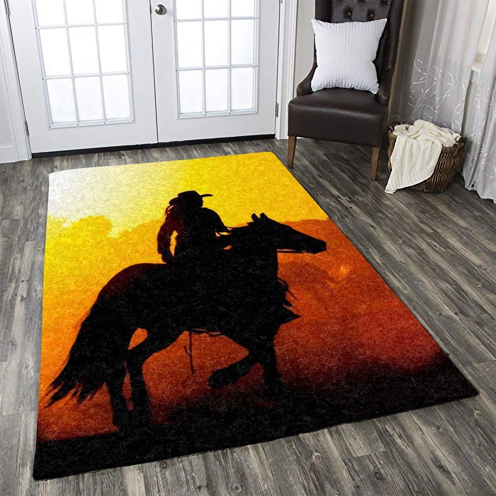 Cowgirl Riding Horse In Sunset Limited Edition Rug