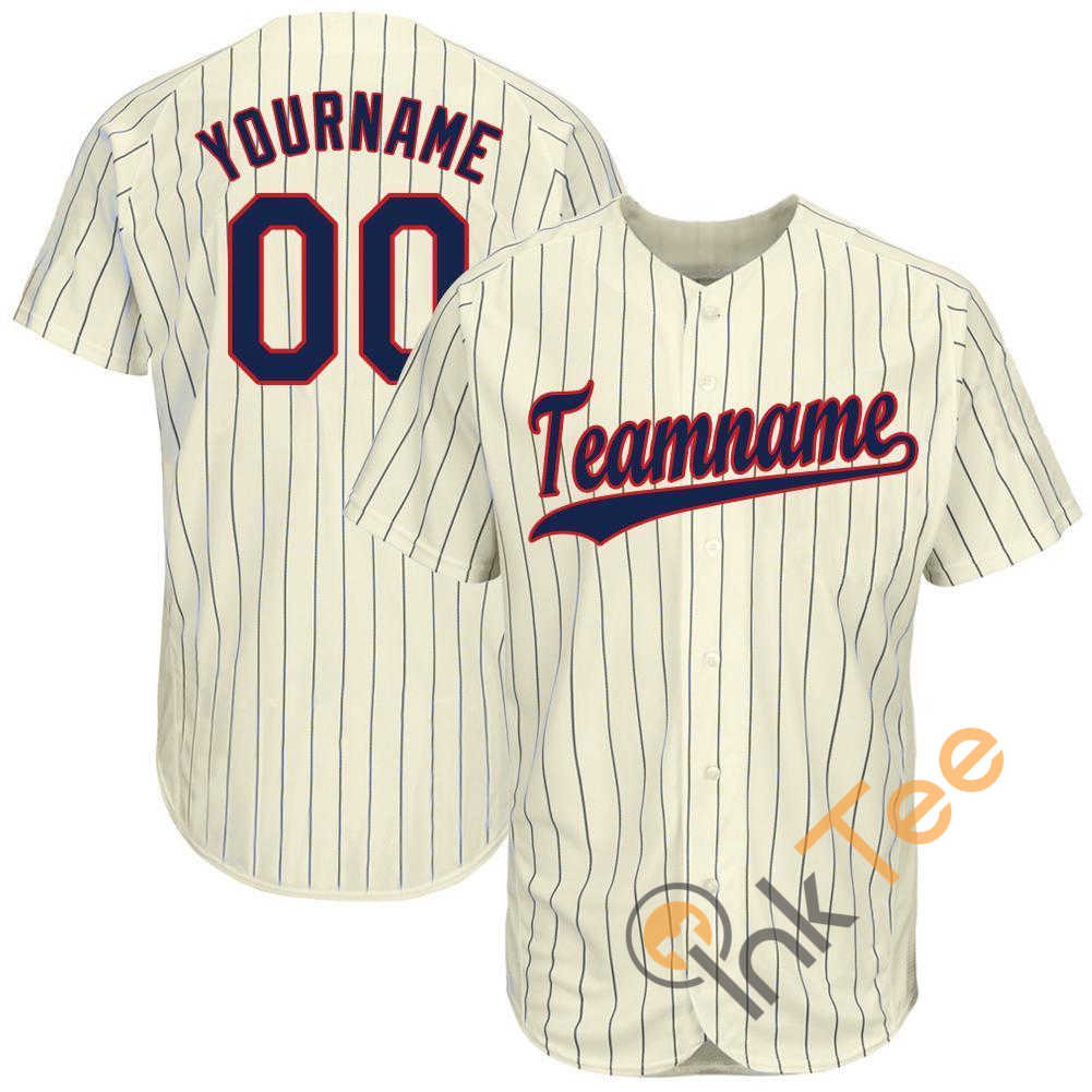 Custom Cream Navy Strip Navy Red Baseball Jersey