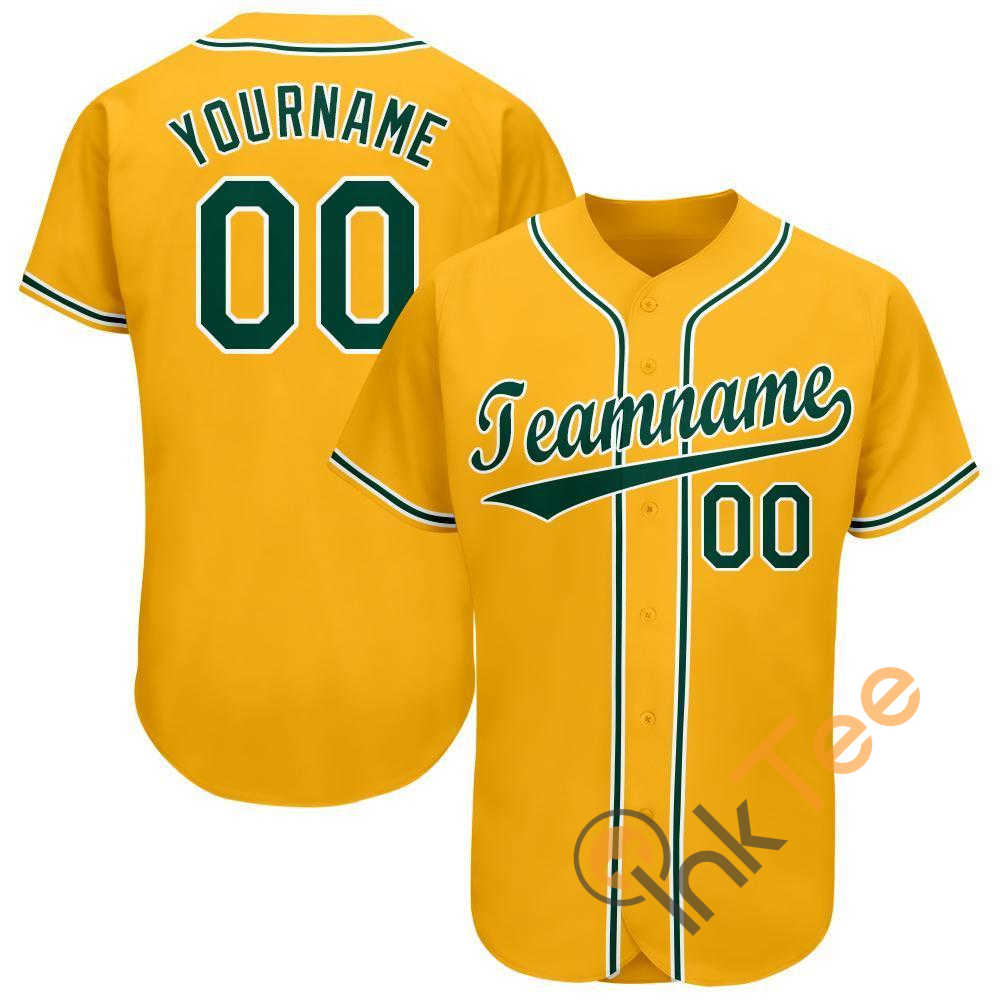 Custom Gold Green White Baseball Jersey