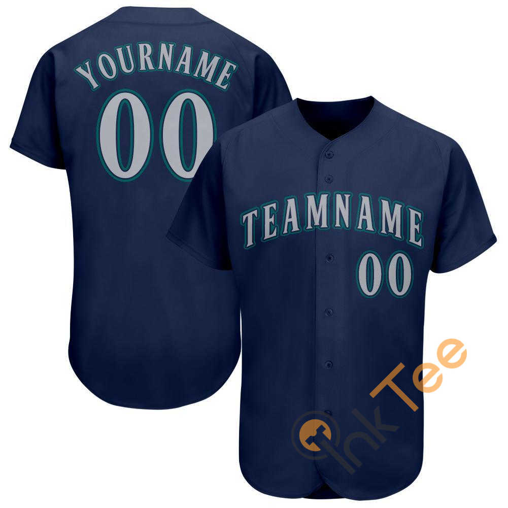 Custom Navy Gray Aqua Baseball Jersey
