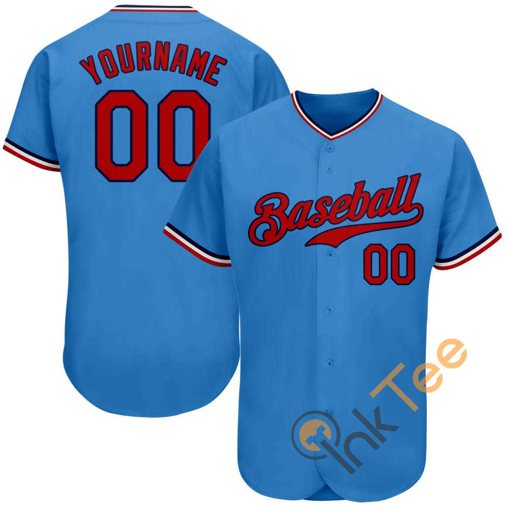 Custom Powder Blue Red Navy Baseball Jersey