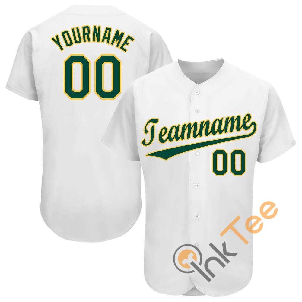 Custom White Green Gold Baseball Jersey