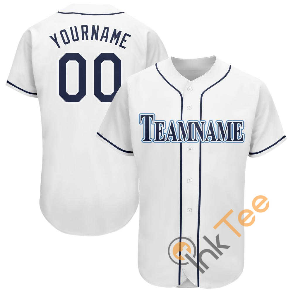 Custom White Navy Powder Blue Baseball Jersey