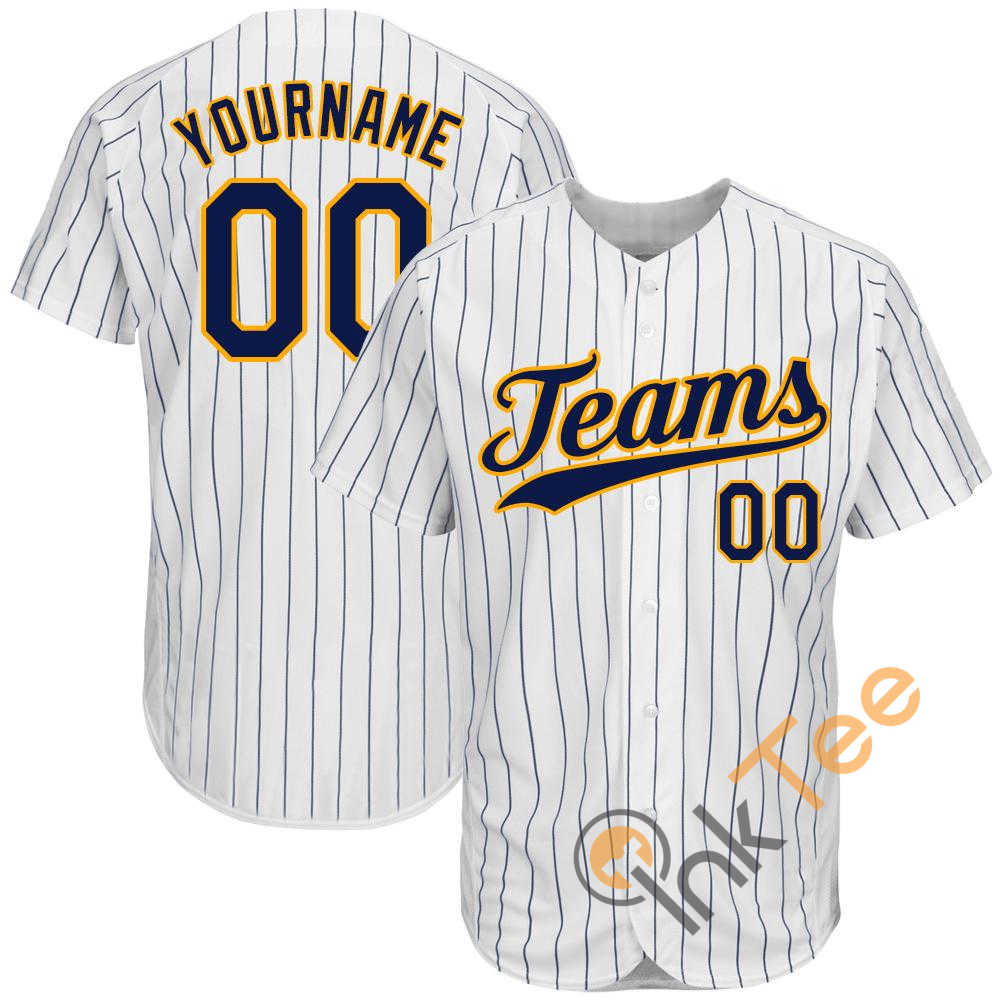 Custom White Navy Strip Navy Gold Baseball Jersey