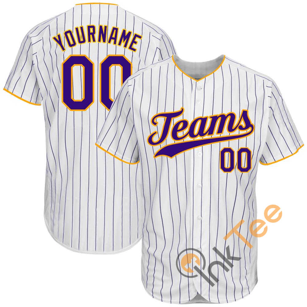 Custom White Purple Strip Purple Gold Baseball Jersey
