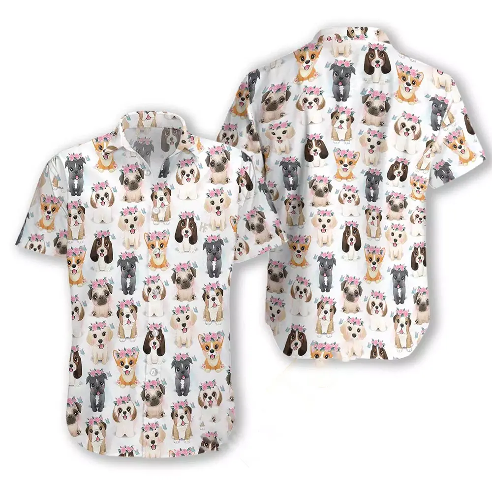 Cute Puppies Flowers Crown Hawaiian shirts