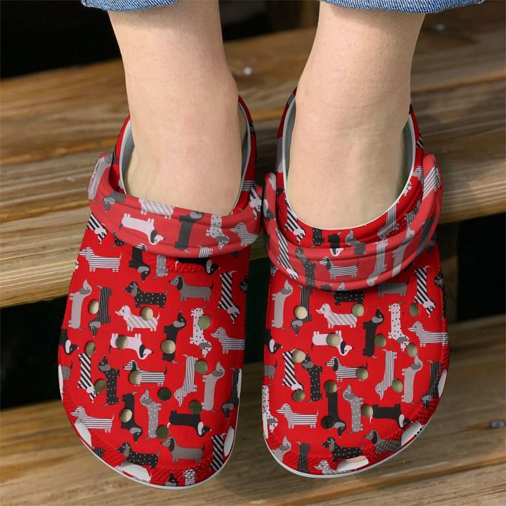 Dachshund In Red Crocs Clog Shoes