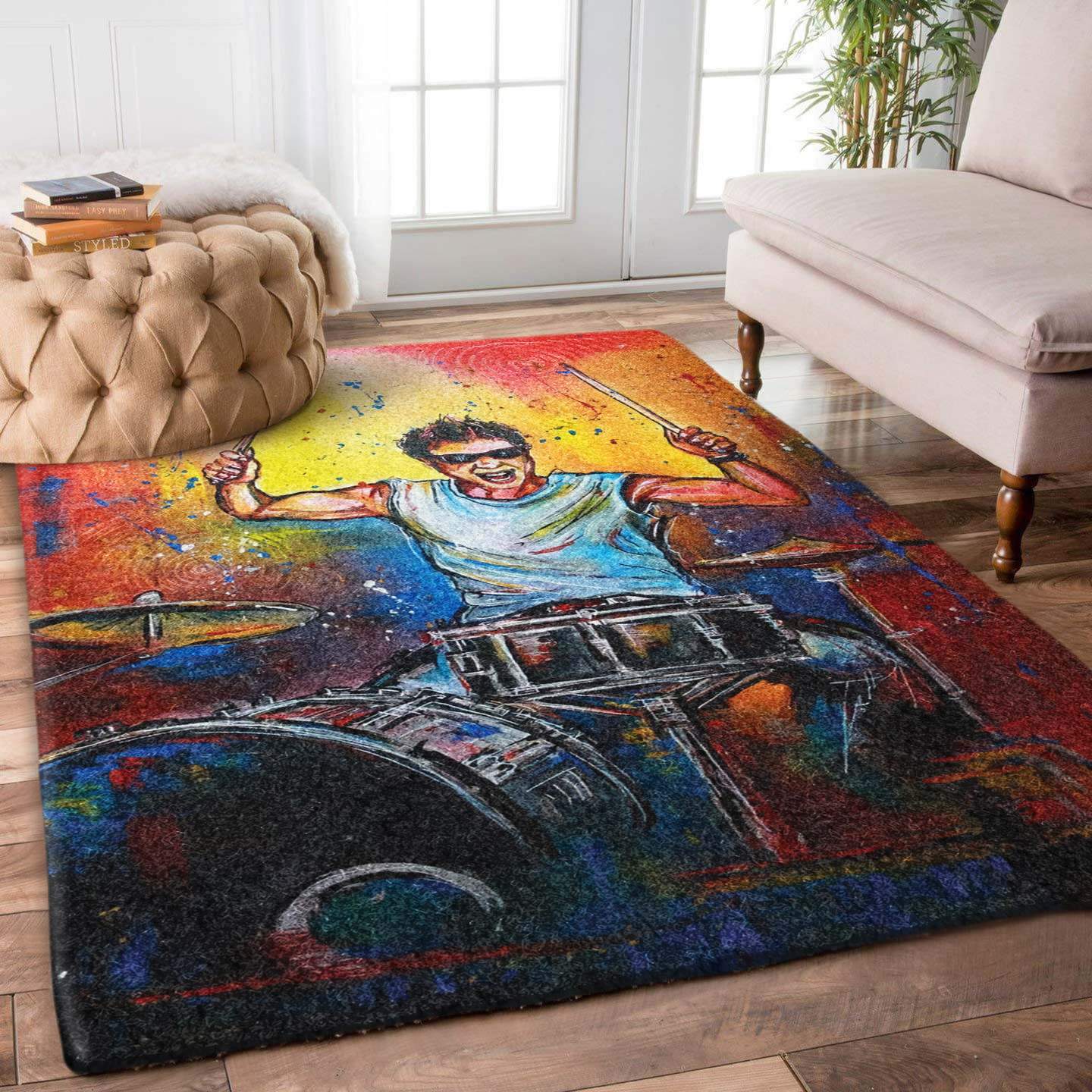 Vibrant Playing Drummer Portrait Limited Edition Rug