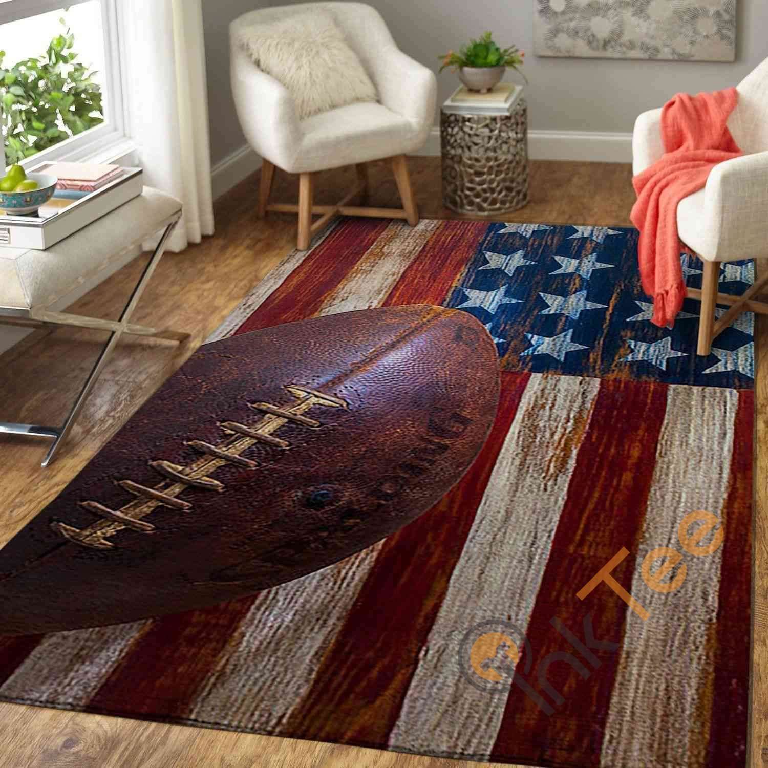 Football Ball On American Flag Area Rug
