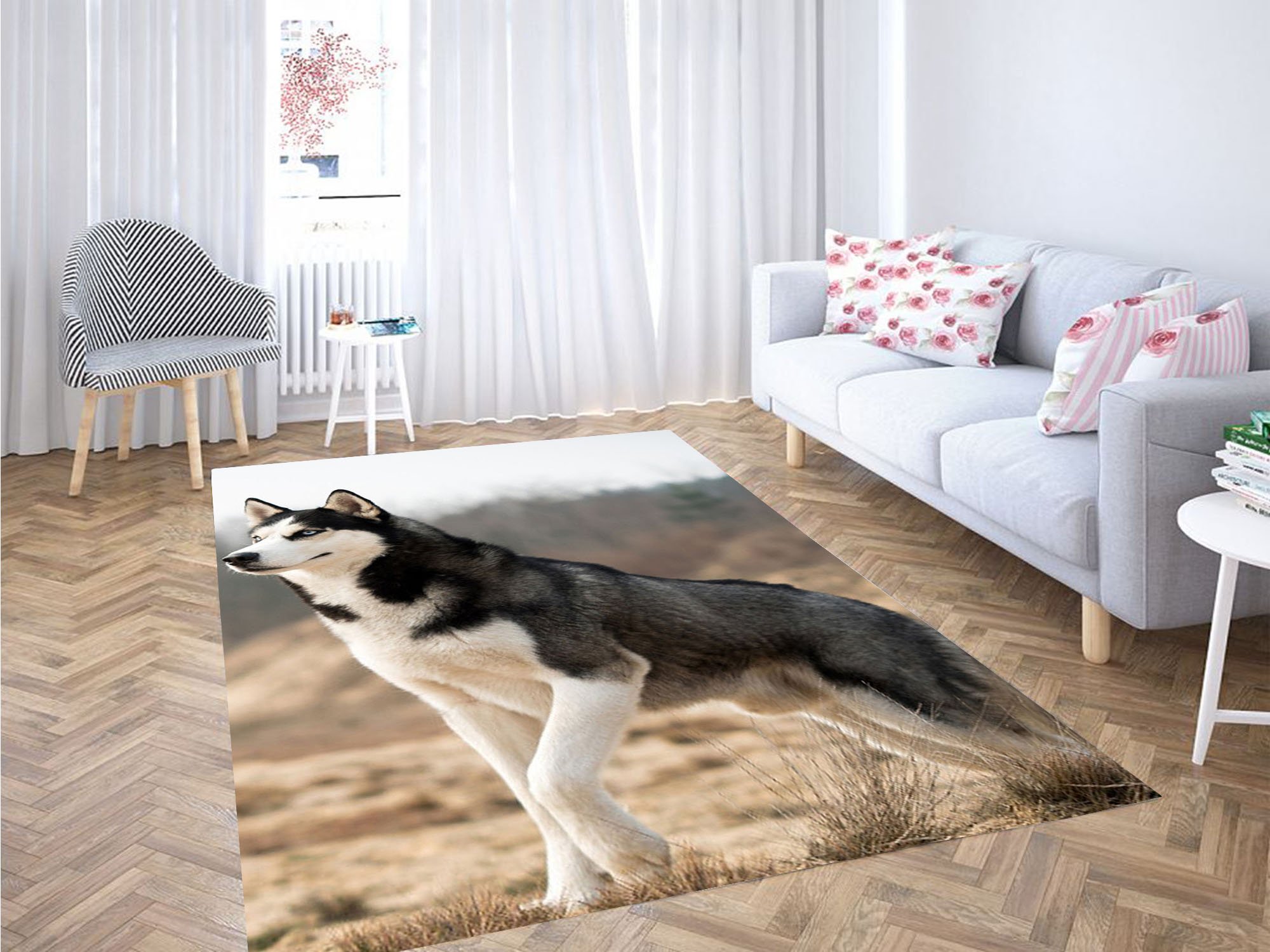Husky Dog Black White Carpet Rug