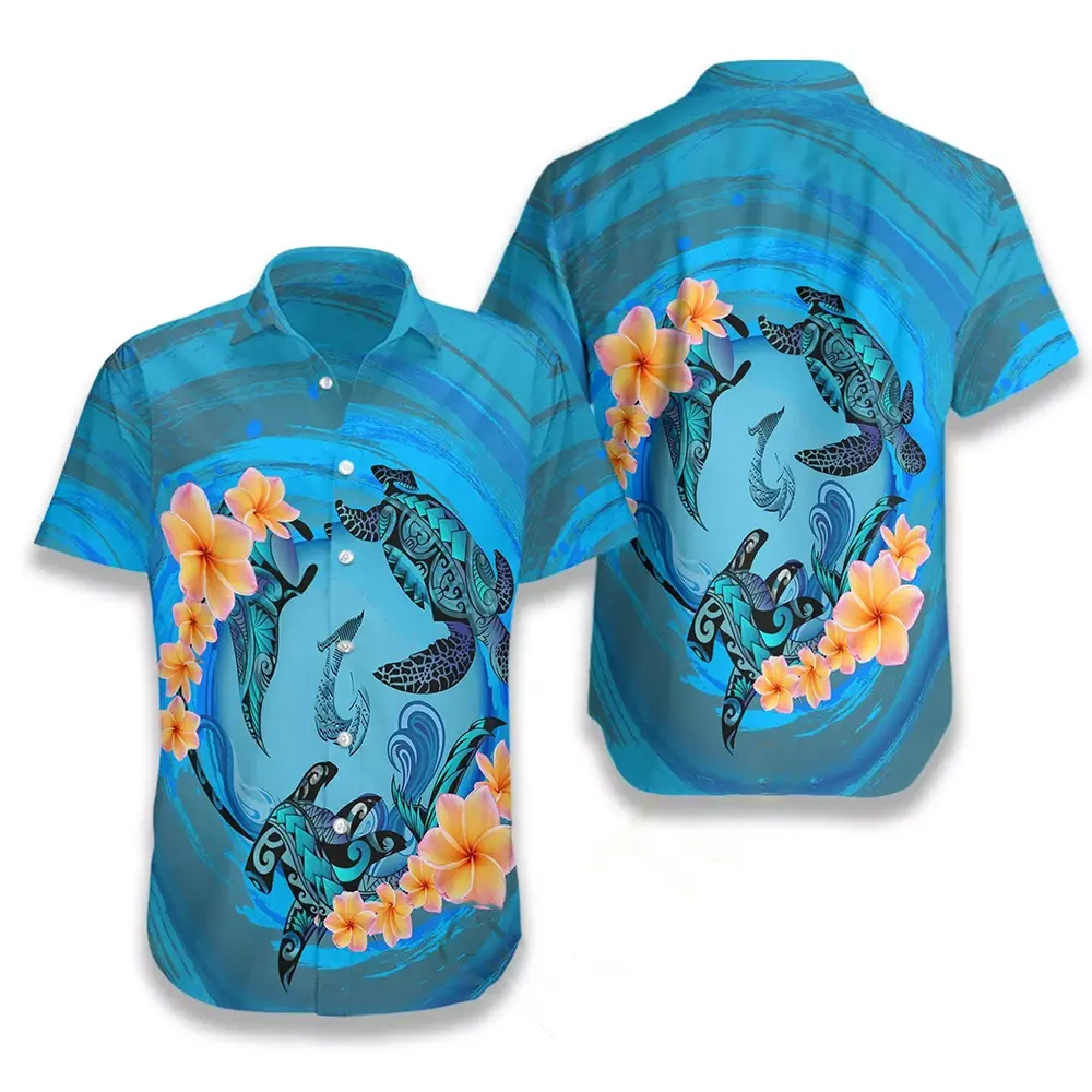 Marquesas Islands Blue Plumeria Animal Tattoo Hawaiian shirts