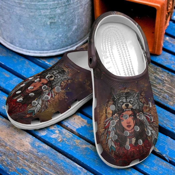 Native American Wolf Girl Crocs Clog Shoes
