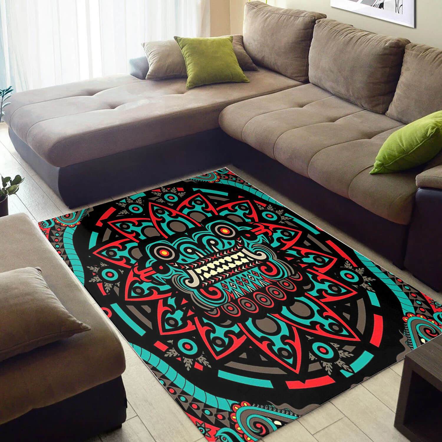 Vibrant Quetzalcoatl Head Ethnic Seamless Pattern Design Rug