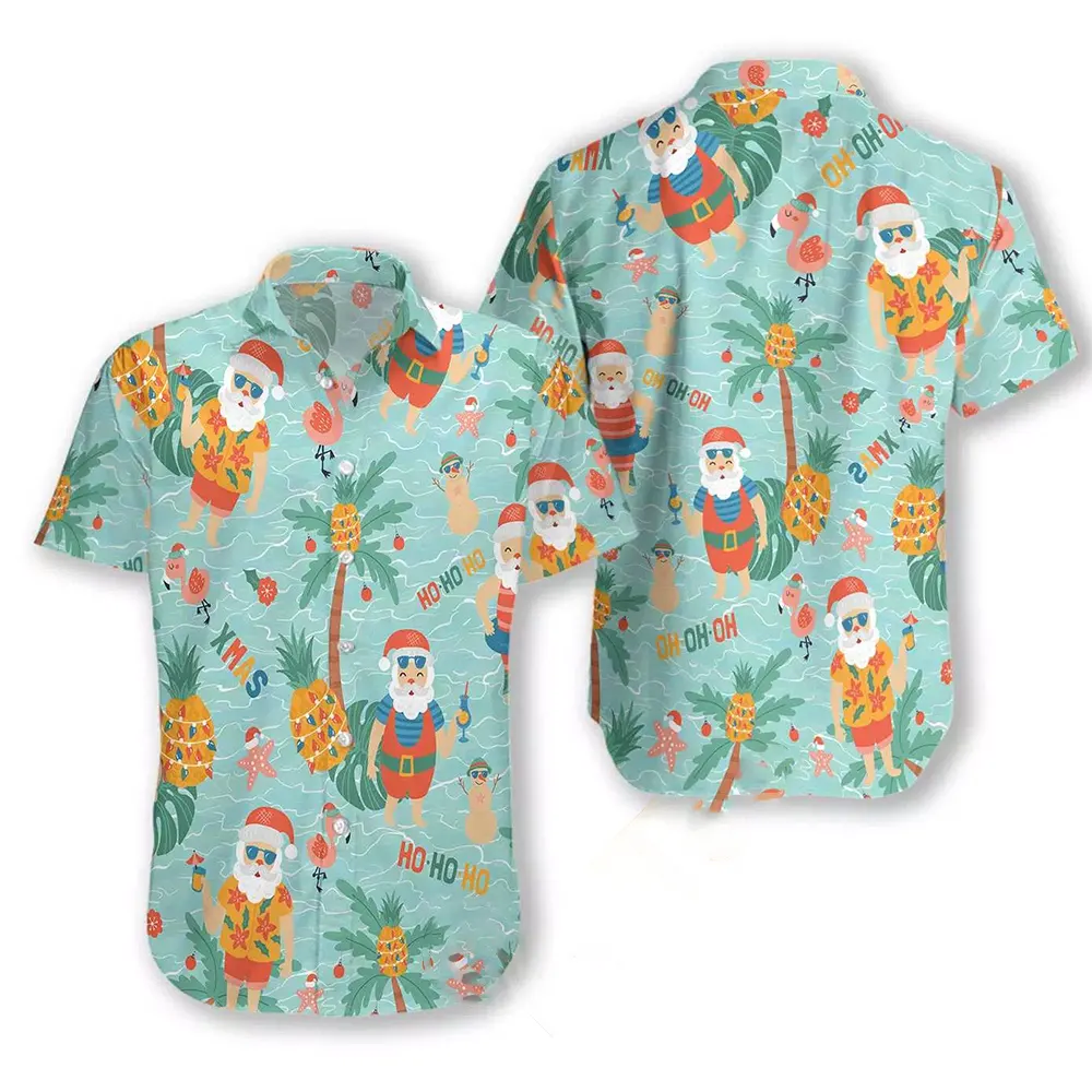 Pineapple With Santa Claus On Sea Beach Hawaiian shirts