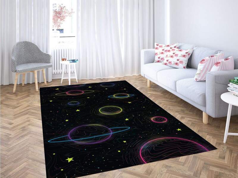 Vibrant Glowing Planets Dark Background Rug