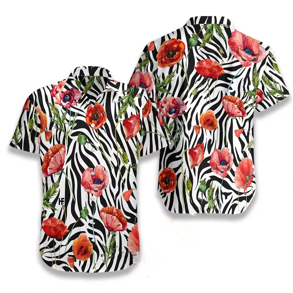 Poppy Zebra Watercolor Painting Art Hawaiian shirts