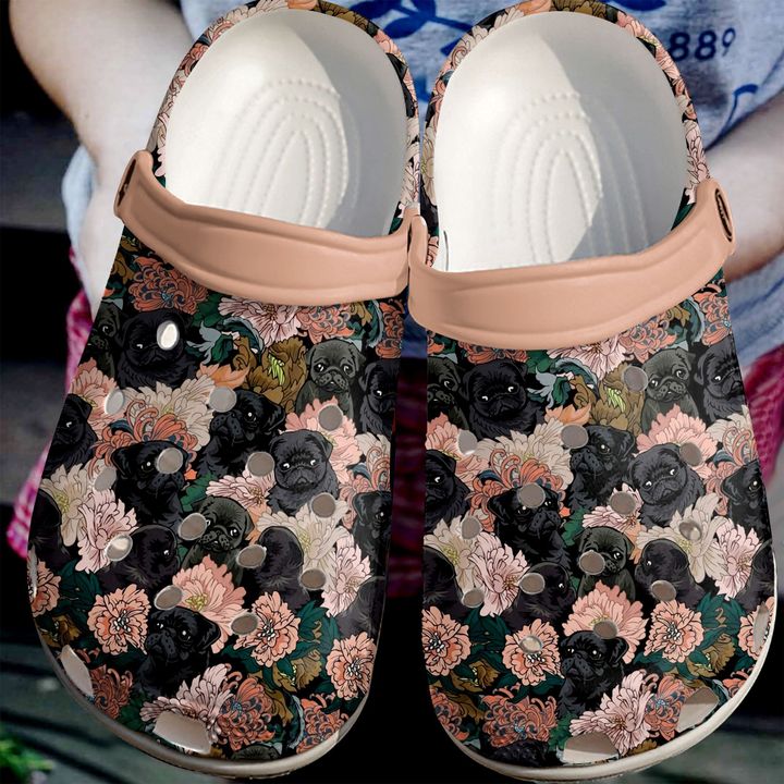 Pug Black Flowers Crocs Clog Shoes