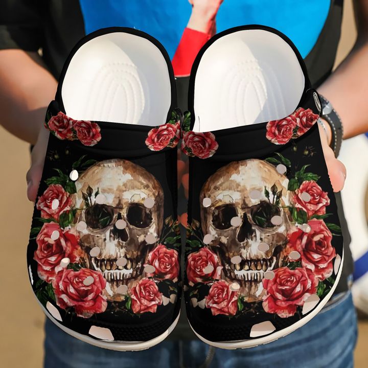 Skull And Red Floral Crocs Clog Shoes