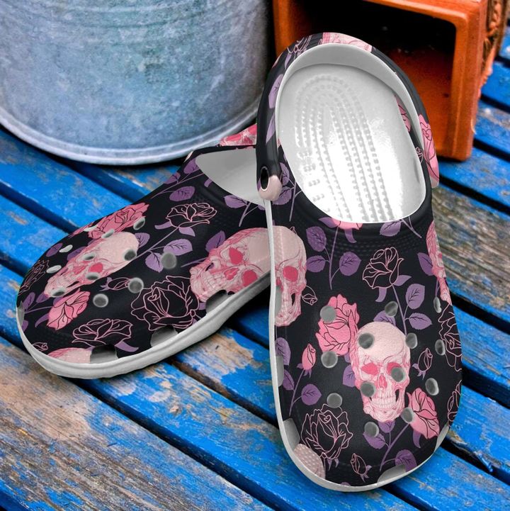 Skull Pink Flower Crocs Clog Shoes
