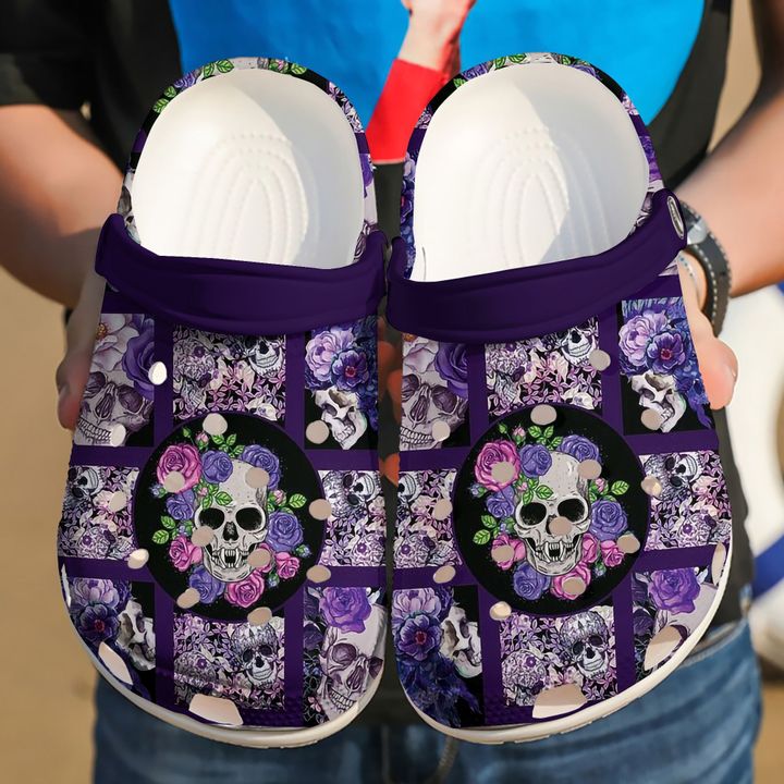 Skull Purple Roses Crocs Clog Shoes 8 Skull Purple Roses Crocs Clog Shoes