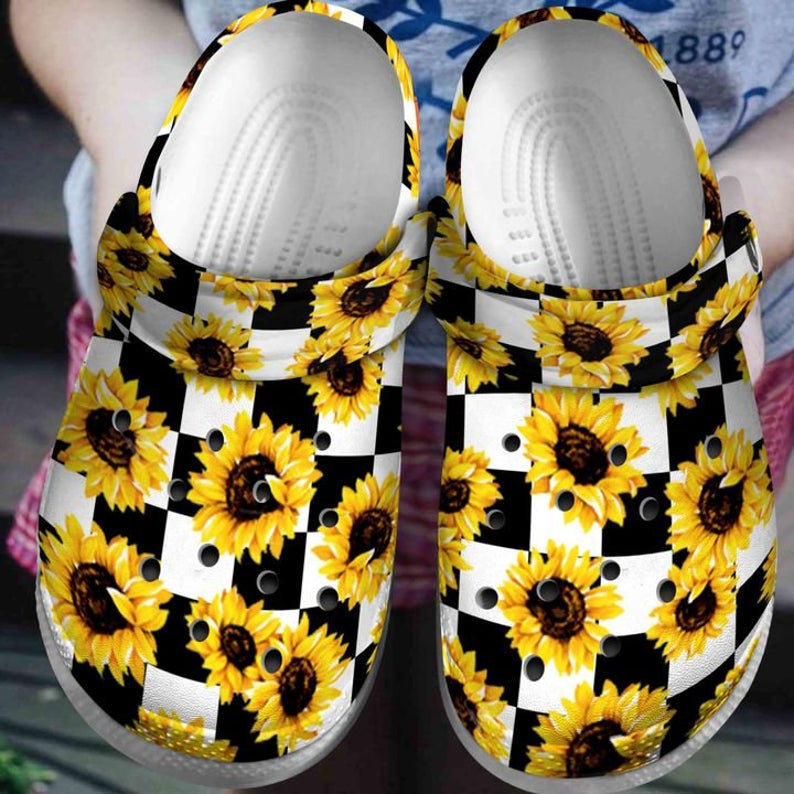 Sunflower White And Black Crocs Clog Shoes