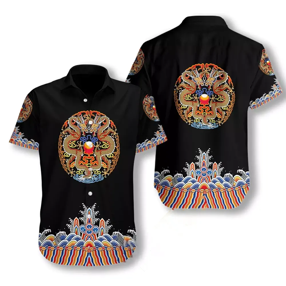 Symmetrical Chinoiserie Dragon Black Hawaiian shirts