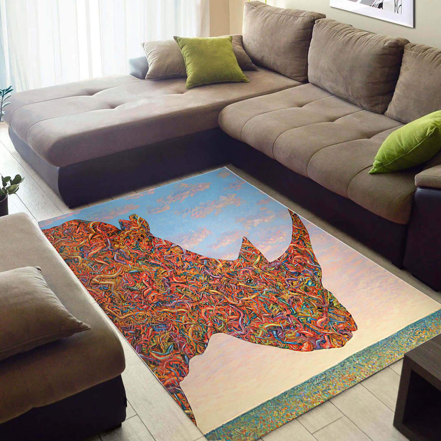 Vibrant African Wild Rhino Head Silhouette Pattern Rug