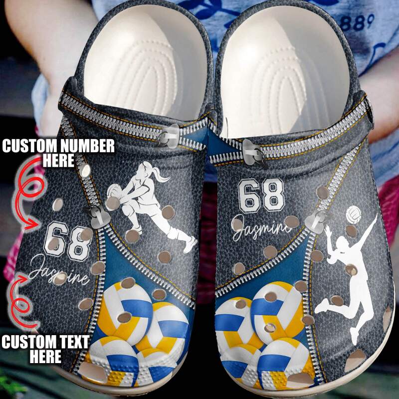 Volleyball Personalized Leather Zipper Crocs Clog Shoes
