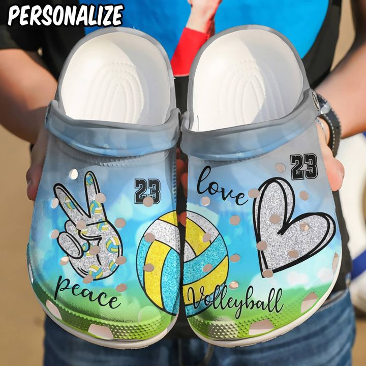 Volleyball Personalized Peace Love Crocs Clog Shoes 1 Volleyball Personalized Peace Love Crocs Clog Shoes